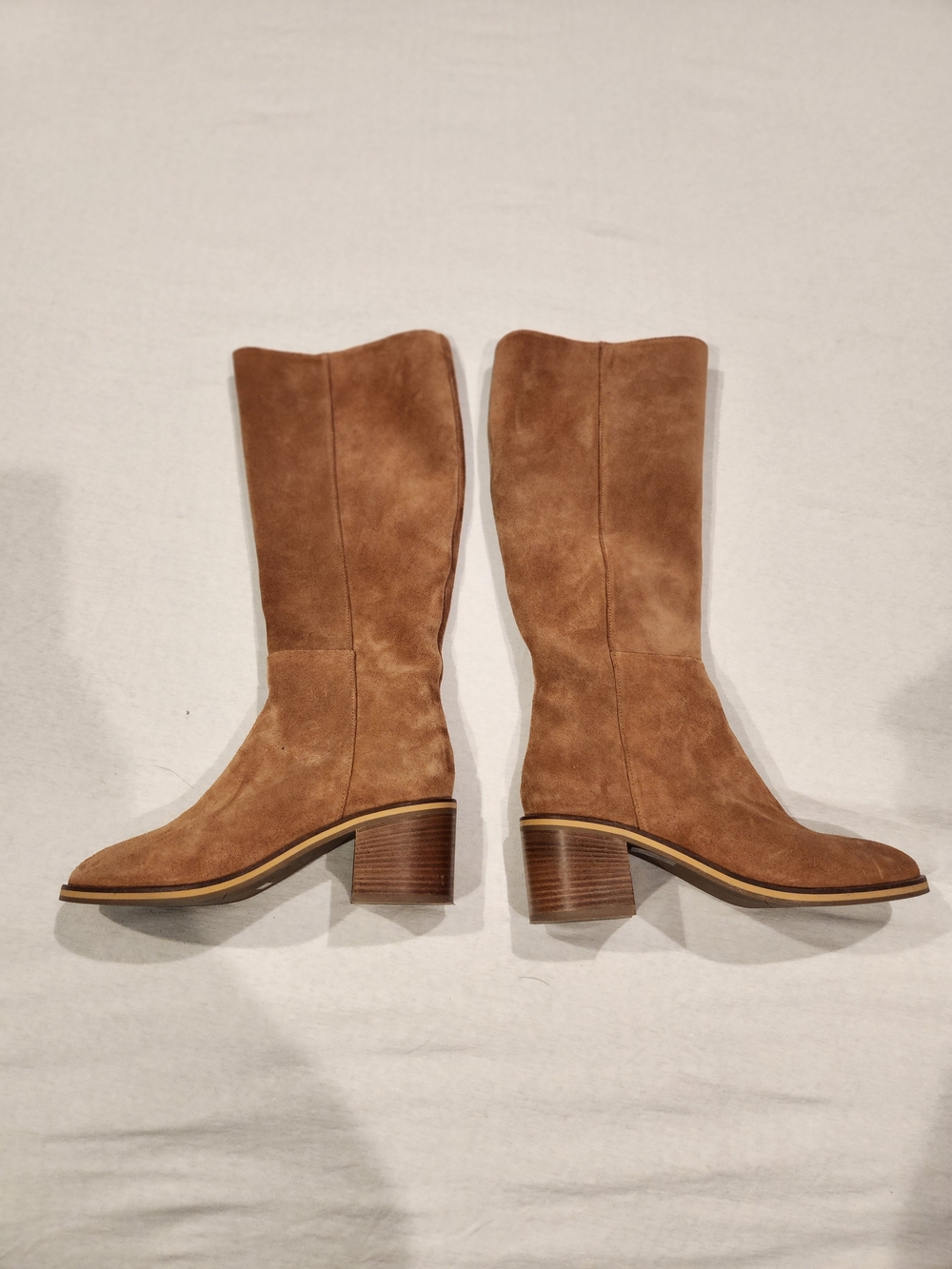 Aquatalia Tall All-Weather Suede Mid-Heel Boots in Tan